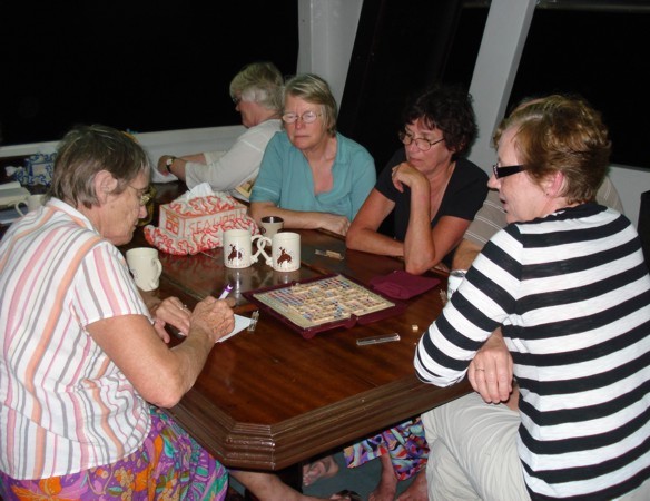 the evening scrabble: Kay, Ros, Jo, Trish, Ted (hidden) and Liz